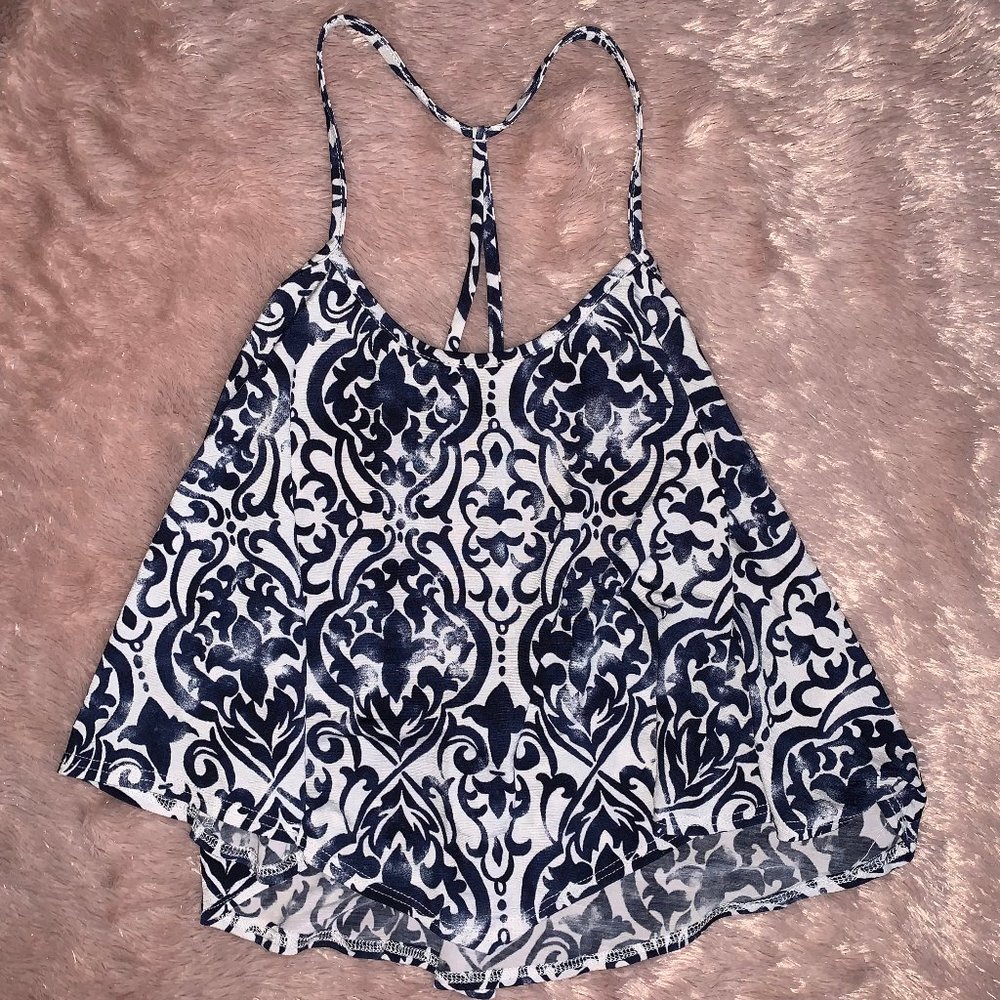 White Spaghetti Strap Crop Top with Navy Print